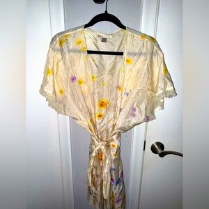Victoria Secret Floral 100% Silk Kimono Robe with Lace Trim